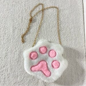5/$25 White Punk Fluffy Paw Mini Purse Hand Bag With Gold Tone Chain Strap